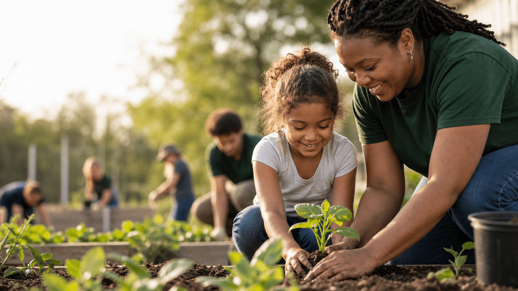 A volunteer and child planting together in a community garden